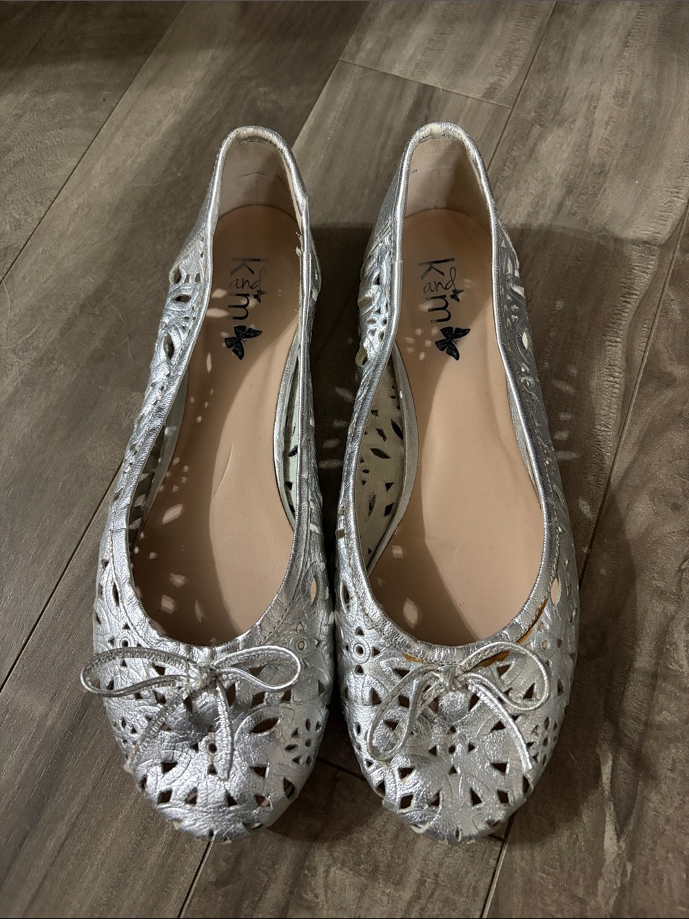 K and M Metallic Silver Laser-Cut Bow Ballet Flats size 36